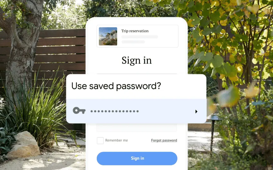 A sign in page for a trip reservation asks to use a saved password. In the background is a nature scene.